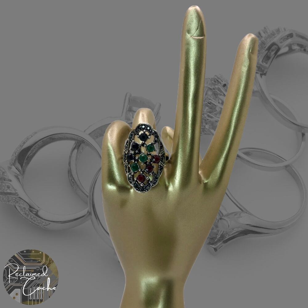 Silver and Multicolor Rhinestone Statement Ring - Size 6.5